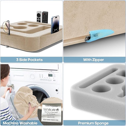 Couch Cup Holder Tray, Couch Caddy for Drink, Snack, Phone, Remote, Ipad, Game Controller, Large-Size Sofa Cup Holder for Bed, Sofa, Car, Desk, Khaki