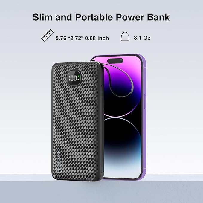 penaover Portable Charger with Built-in Cables&AC Wall Plug,Slim 10000mAh 22.5W Fast Charging Power Bank,5 Output 2 Input USB-C External Battery Pack Compatible with iPhones,Android,Samsung, etc