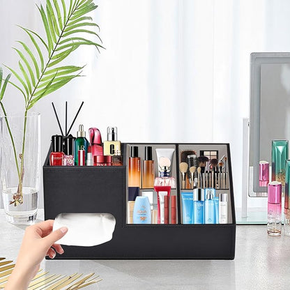 Plus Size Tissue Box Cover-Square Tissue Cover with Side Storage and Tray,Modern Makeup Organizer,PU Leather Tissue Holder Decorative Cube Organizer for Living Room Vanity NightStand Office,Black