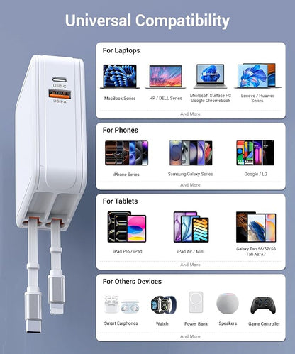 65W Universal Travel Adapter, 4-in-1 International Plug Adapter with Retractable CablesUSB PD Fast Charging with Detachable EU Adapter,Worldwide Wall Charger for USA/EU/UK/AUS and Over 150 Countries