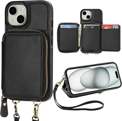 Bocasal RFID Blocking Wallet Case for iPhone 15, Adjustable Crossbody Zipper Purse Case Card Holder with Kickstand Detachable Wrist Strap, PU Leather Flip Folio Case 6.1 Inch 5G (Black)