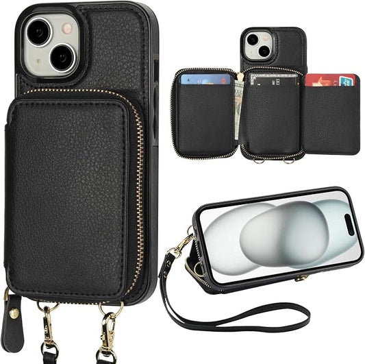 Bocasal RFID Blocking Wallet Case for iPhone 15, Adjustable Crossbody Zipper Purse Case Card Holder with Kickstand Detachable Wrist Strap, PU Leather Flip Folio Case 6.1 Inch 5G (Black)