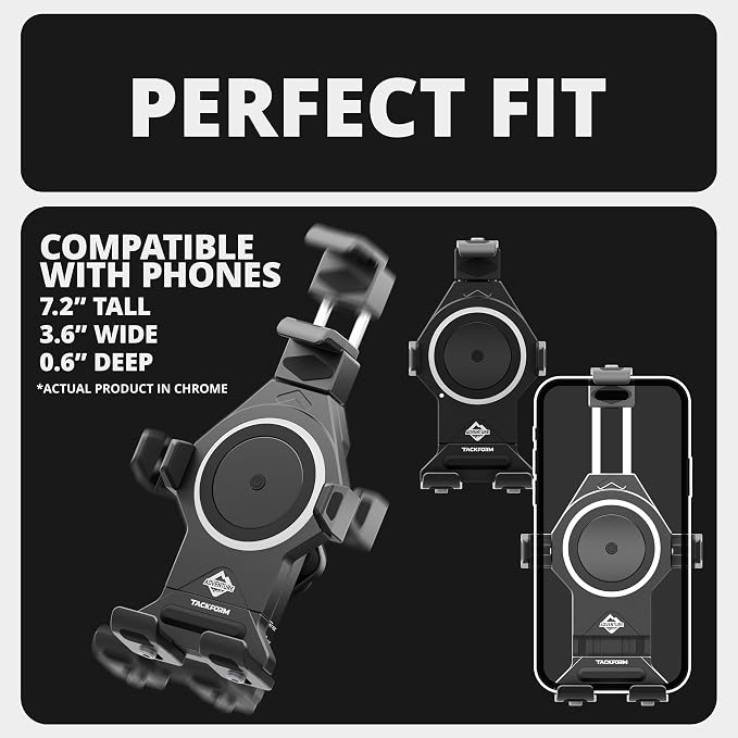 Tackform Aluminum Motorcycle Adventure Phone Mount - Vibration Dampening and Wireless Charging | Fits 7/8" to 1-1/4" Handlebars | Compatible with iPhone, Galaxy, More | Short Reach Arm | Chrome