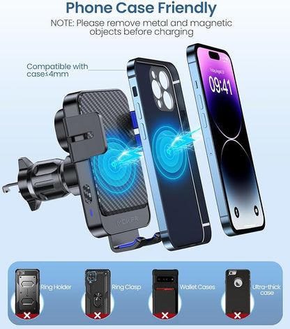 Wireless Car Charger, MOKPR 15W Fast Charging Auto-Clamping Car Mount Hands-Free Car Charger Mount for Dash Windshield Air Vent Compatible with iPhone 16 15/14/13/12, Samsung S23/S22/S21,Blue