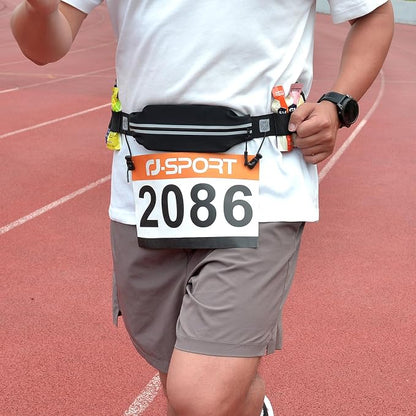RJ-Sport Triathlon Belt with Pouch - Race Number Bib Holder with 6 Gel Loops, Ideal for Running, Cycling & Marathon (Black)