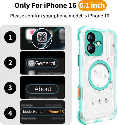 for iPhone 16 Waterproof Case, Compatible with MagSafe, IP68 Built-in Camera Control, Military Shockproof & Screen Protector for Water Sports, 6.1 Inch Frosted Teal