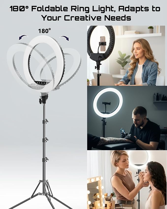 18" Professional LED Ring Light Kit with Tripod,CRI≥95, 3000K-6000K Adjustable Brightness & Color Temp, Includes Phone Holder & Remote for Live Streaming, YouTube, TikTok, Photography, Makeup