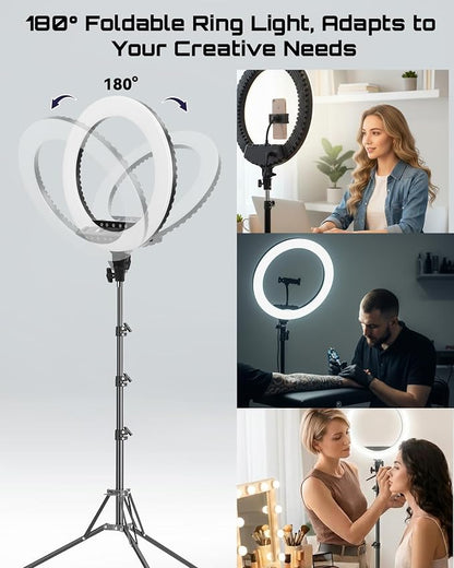 18" Professional LED Ring Light Kit with Tripod,CRI≥95, 3000K-6000K Adjustable Brightness & Color Temp, Includes Phone Holder & Remote for Live Streaming, YouTube, TikTok, Photography, Makeup