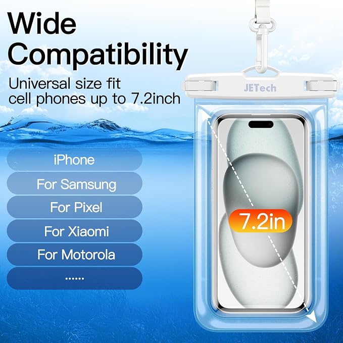 JETech Waterproof Phone Pouch, 2 Pack Water Proof Case for iPhone 17e 17 16e 16 15 14 Air Pro Max Plus, Galaxy S26 S25 Ultra, Pixel 10 Series and Others up to 7.2 Inch, IPX8 Dry Bag (Black+Clear)