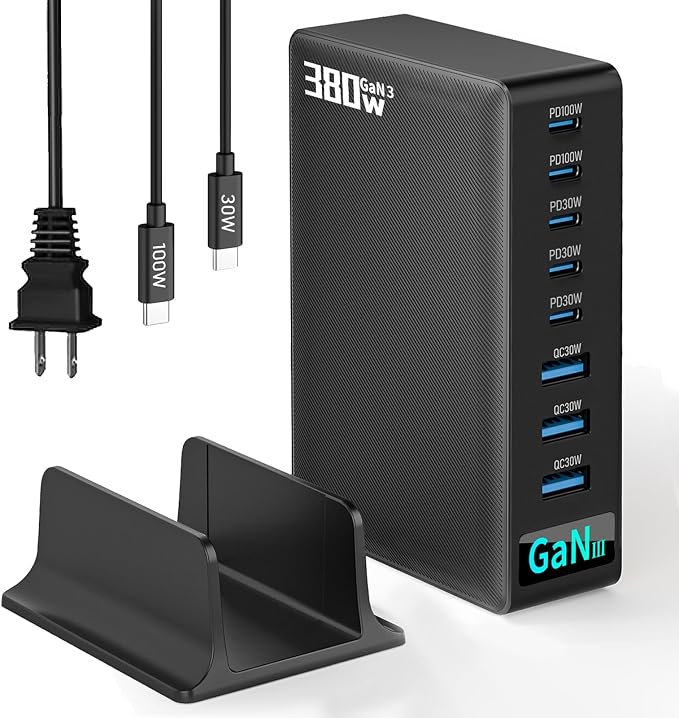 380W USB-C Charger Block, 8-Port USB-C Charging Station PD 30W + 100W PC Laptop, Fast Charging Hub with High-Power Fast Charging Cable for MacBook Pro/Air, DELL, iPad, iPhone, Samsung Galaxy Black