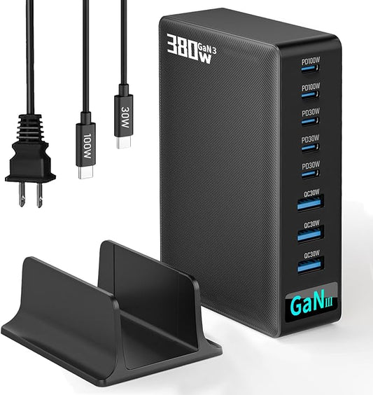 380W USB-C Charger Block, 8-Port USB-C Charging Station PD 30W + 100W PC Laptop, Fast Charging Hub with High-Power Fast Charging Cable for MacBook Pro/Air, DELL, iPad, iPhone, Samsung Galaxy Black