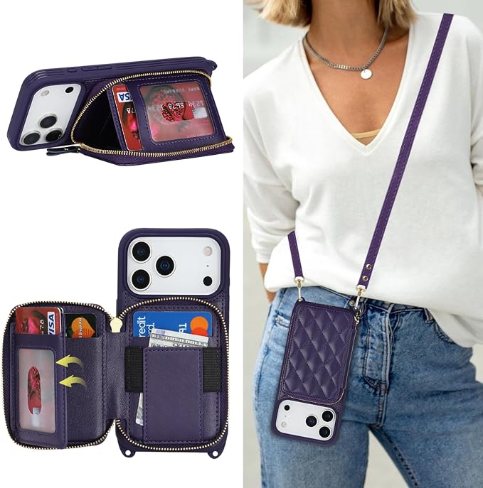 Crossbody Wallet Case for iPhone 17 Pro, PU Leather Zipper Handbag Purse Flip Cover, Kickstand Folio Case with Card Slots Holder Wrist Strap Lanyard 5G 6.3 Inch-Purple