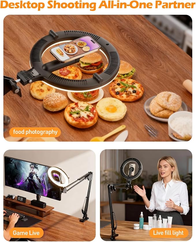CloudValley Overhead Phone Mount with 10" Ring Light, 5000mAh Magnetic Desktop Tripod with Battery Display, Foldable Portable LED Light with 3 Modes & 10-Level Brightness for Makeup, Selfies, TikTok