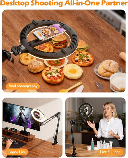 CloudValley Overhead Phone Mount with 10" Ring Light, 5000mAh Magnetic Desktop Tripod with Battery Display, Foldable Portable LED Light with 3 Modes & 10-Level Brightness for Makeup, Selfies, TikTok