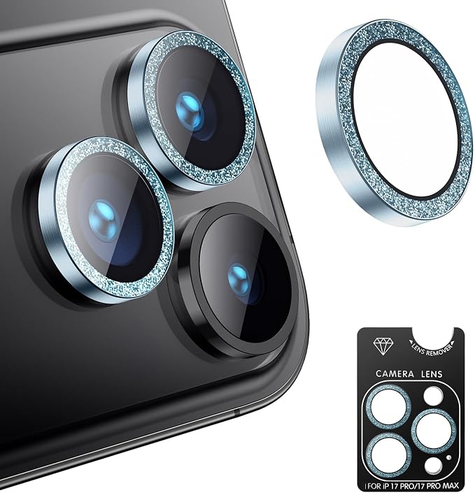 AFARER Camera Lens Protector for iPhone 17Pro/ 17 Promax,[Strong Adsorption][Not Easy to Break]Ultra-tough HD Individual,9H Ultra-thin Tempered Glass[Does not Affect Night Shots] Luxury Glitter(Blue)