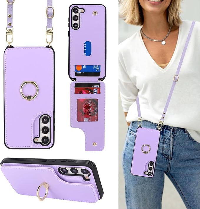 Lipvina for Samsung Galaxy S22 Case with Card Holder and Strap for Women,Crossbody Lanyard,RFID Blocking,Ring Stand,Snap Clasp,Phone Wallet Cases 6.1 inch(Purple)