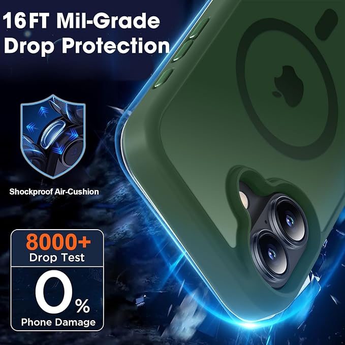 MOCCA Strong Magnetic for iPhone 16 Case, [Compatible with Magsafe][16FT Mil-Grade Drop Protection] Slim Thin Translucent Matte Protective Cover Case for iPhone 16 Phone Case 6.1", Midnight Green