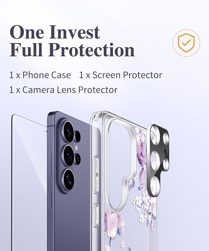 GVIEWIN for Samsung Galaxy S26 Ultra Case, Clear Floral Slim Shockproof Protective Women Phone Case, Non-Yellowing, with Screen Protector & Camera Lens Protector for S26 Ultra 6.9", Foliolosa