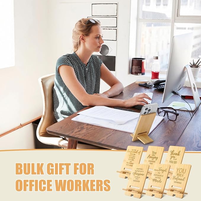 Ripeng 12 Pcs Employee Appreciation Gifts Bulk Bamboo Phone Stand for Desk Office Worker Thank You Gift for Administrative Team Coworkers Staff Graduation Nurse Teacher Week (Assorted Inspirational)