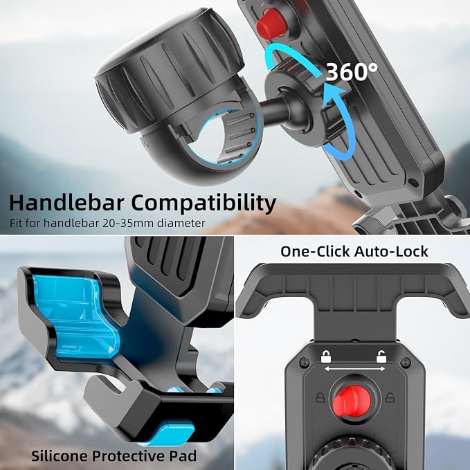 4rd-Gen Super Easy Install Bike Phone Holder, [1S Quick Lock] Motorcycle Phone Mount Clip, Bicycle Scooter Ebike Handlebar Holder Clamp fit Large Phone Case, Phone Mount for 4.7''-7'' Cell Phones