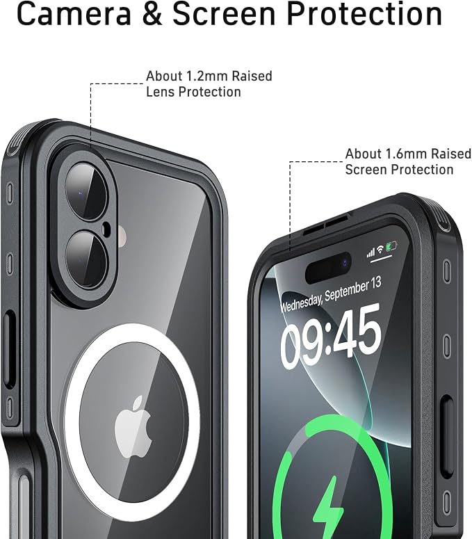 Waterproof Phone Case for iPhone 16, [Compatible with Magsafe] [IP68 Underwater] [Built-in Screen Protector & Glass Camera Protector] Full Body Shockproof Cover with Lanyard Black/Clear