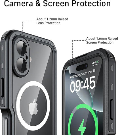 Waterproof Phone Case for iPhone 16, [Compatible with Magsafe] [IP68 Underwater] [Built-in Screen Protector & Glass Camera Protector] Full Body Shockproof Cover with Lanyard Black/Clear