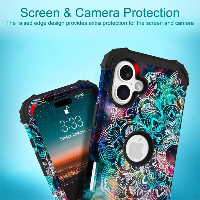 Hocase for iPhone 16 Plus Case 6.7", Heavy Duty Shockproof Protection Soft Silicone Rubber+Hard Plastic Bumpers Hybrid Protective Case for iPhone 16 Plus 2024 - Mandala in Galaxy