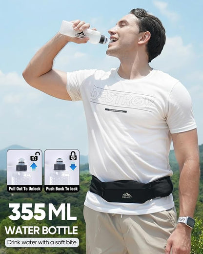 Zelvot Running Belt with 355ml Water Bottle, Extension Strap & Phone Holder, Adjustable Running Fanny Pack with Gym Towel, Waterproof Belt Bag for Women Men for Jogging Hiking Marathon (Black, Medium)