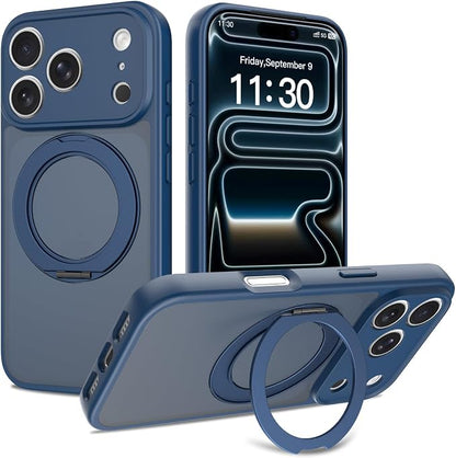 Magnetic iPhone Case [Compatible with MagSafe], Shockproof Translucent Matte Phone Case for iPhone 17 Pro, Anti-Fingerprint, Oil Resistant(with 360° Rotatable Ring Holder Stand) (Blue, iPhone 17 Pro)