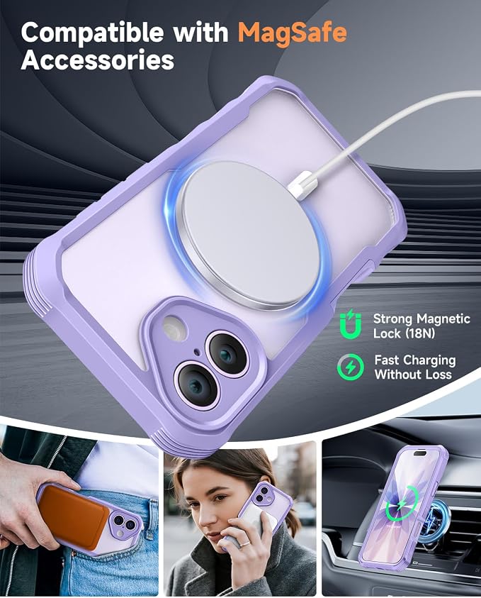 seacosmo for iPhone 17 Case, Full Body Bumper with Built-in Tempered Glass Screen Protector and Camera Lens Protection, Compatible with MagSafe, Shockproof 17 Phone Case, 6.3", Light Purple