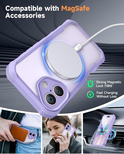 seacosmo for iPhone 17 Case, Full Body Bumper with Built-in Tempered Glass Screen Protector and Camera Lens Protection, Compatible with MagSafe, Shockproof 17 Phone Case, 6.3", Light Purple