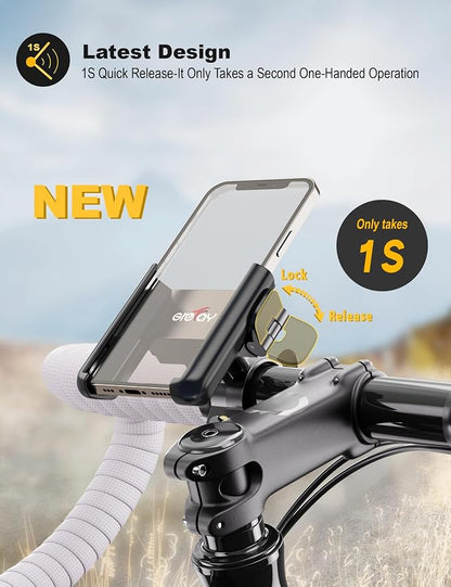 Grefay Bike Phone Mount Universal Motorcycle Handlebar Phone Holder 【1S Quick Release】 Anti Shake Bicycle Phone Clamp for Road Bike/MTB/Scooter with 360 Rotation for 3.5-7.0 inches Smartphone