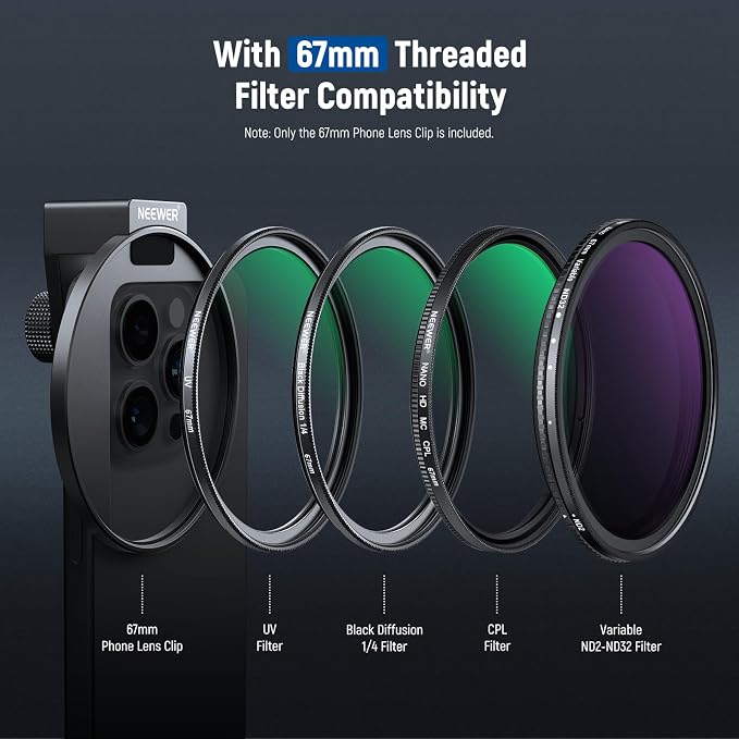 NEEWER 67mm Phone Filter Mount, Adjustable Threaded Lens Filter Clip with Cold Shoe Mount Compatible with iPhone 17 16 15 Pro Max Plus 14 13 Samsung Galaxy S25 Ultra S24, LA006