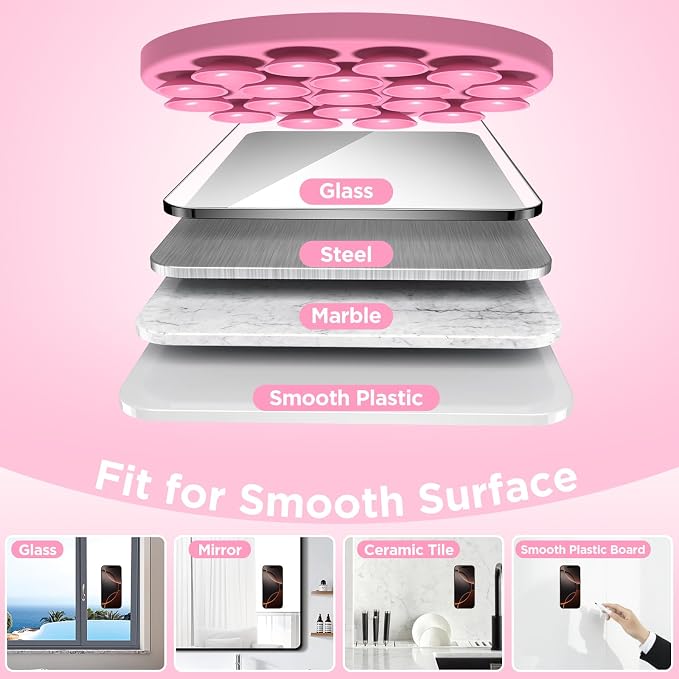 Magnetic Suction Cup Phone Mount with MagSafe, Silicone Hands-Free Grip Holder for iPhone Case and Android, Mirror Shower Phone Stand for Makeup FaceTime Gym Kitchen Bathroom, Tender Pink