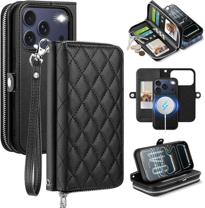 OCASE for iPhone 17 Pro Crossbody Detachable Wallet Case, PU Leather Handbag Phone Purse with Zipper Closure, Card Slots & RFID Blocking, Wrist Strap, Lanyard, Kickstand, Diamond Check Black