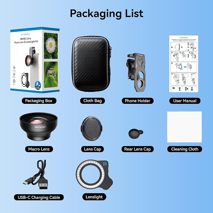 Upgraded Professional Macro Lens for Smartphone with Ring Light, HB100U Macro Photography Lens, Aluminum Phone Camera Lens Kit with Universal Clip. Phone Lens Attachment Fit for iPhone/Android Phone