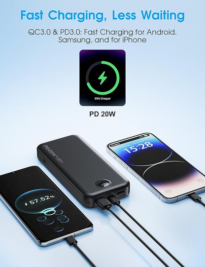 Portable Charger, 10000mAh PD20W Fast Charging Power Bank with Built-in Cables & Wall Plug, External Battery Pack with LED Display, Travel Essentials Battery Bank for iPhone, iPad, Samsung Matte Black