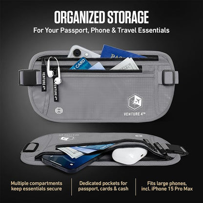 VENTURE 4TH Money Belt for Travel – Hidden Under-Clothes RFID Blocking Passport Holder & Slim Travel Wallet Pouch for Men & Women to Protect Cash, Cards & Documents (Silver)