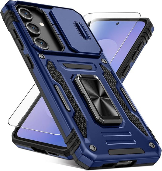 Caka for Samsung Galaxy S25 FE Case [HD Screen Protector] [Full Camera Lens Cover] [360°Rotated Kickstand Ring] [Heavy Duty Protection] Hard Rugged Protective Phone Cover for S25 FE - Blue