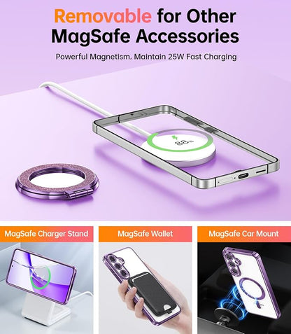 Meifgino Magnetic Case with Removable Phone Ring Stand for Samsung Galaxy S25 Plus, [Glitter Card & Wrist Strap] [MagSafe Compatible] [Built in Mirror] Phone Ring Stand + Phone Case Kit, Purple