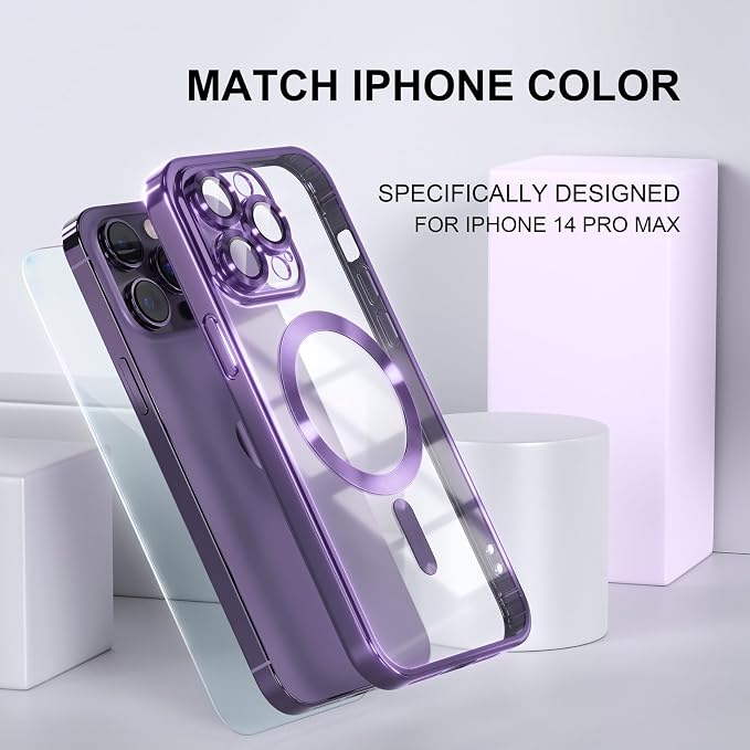 Misea Magnetic for iPhone 14 Pro Max Case Compatible with MagSafe [Never Yellowing] [Military Grade Drop Protection] Full Camera Lens Protector Plating Soft Clear Phone Case for Women Girls, Purple