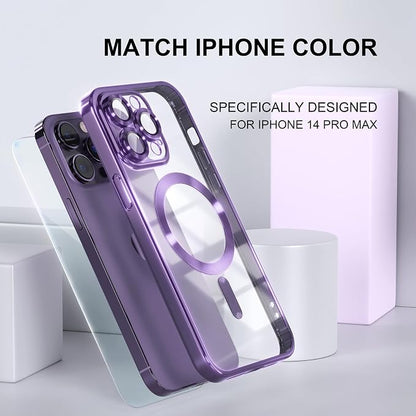 Misea Magnetic for iPhone 14 Pro Max Case Compatible with MagSafe [Never Yellowing] [Military Grade Drop Protection] Full Camera Lens Protector Plating Soft Clear Phone Case for Women Girls, Purple