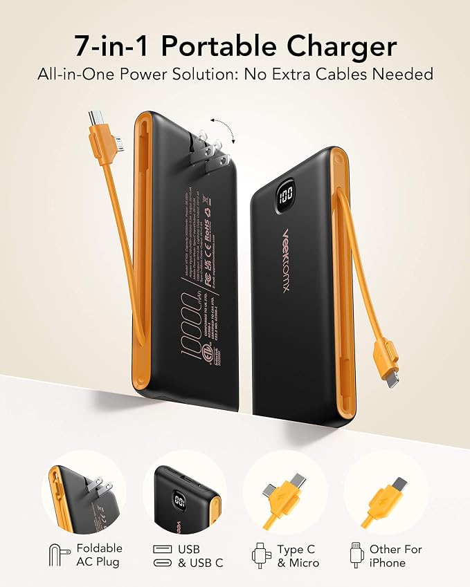 VEEKTOMX Portable Charger with Built in Cables 10000mAh, Power Bank for iPhone with AC Wall Plug, Fast Charging USB C Slim Battery Pack with LED Display Compatible with iPhone 17/16/15, Samsung