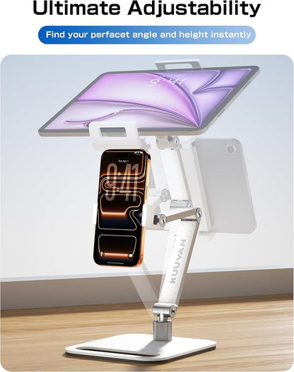 Tablet Stand Holder for iPad, Portable Monitor Stand Holder 15.6'',16'', Aluminum Alloy Foldable Arm Mount with 360° Swivel Desk Mount Compatible with 4.7-16inch Tablet, Cell Phone (White)