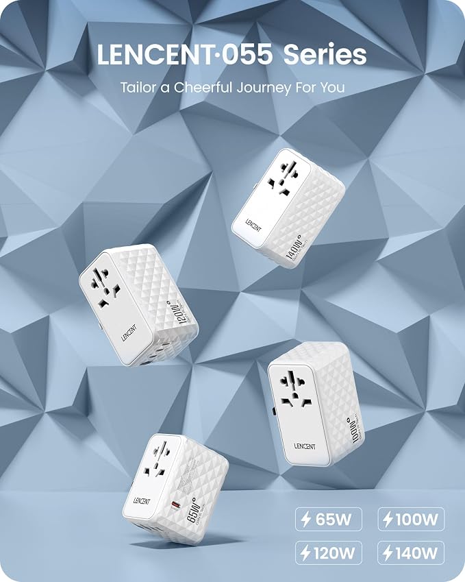 LENCENT 65W International Travel Adapter, Universal Travel Adapter | with 2 USB-A & 3 PD Type C Power Outlet, Fast Charging for Phone,Laptops, All-in-One Outlet Converter for USA/UK/EU/AUS-White