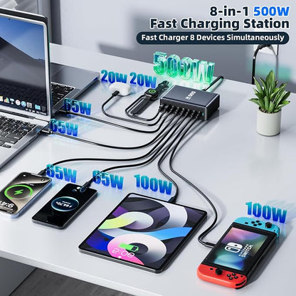 500W Fast Charging 8 Port USB C Charger Block with Nylon Fast Charging Cable, Multi-Device Charging Station Wall Desktop Charger with GaN Ⅲ Technology, USB-C Charger Adapter for MacBook/iPad/iPhone 17