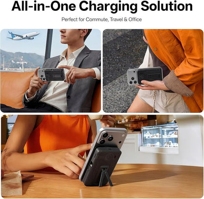 Q Magnetic Wireless Portable Charger 10,000mAh, Travel Essentials Power Bank with Built-in Cables & Foldable Stand, External Battery Pack Compatible with iPhone 17/16/15/14/13/12, Apple Watch
