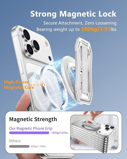 Oerwin for Magsafe Phone Grip Stand, 6-in-1 Magnetic Phone Holder for Magsafe Kickstand, 360° Rotation Phone Ring Holder with Elastic Strap, Compatible with iPhone 17/16/15/14/13/12 Series & Android