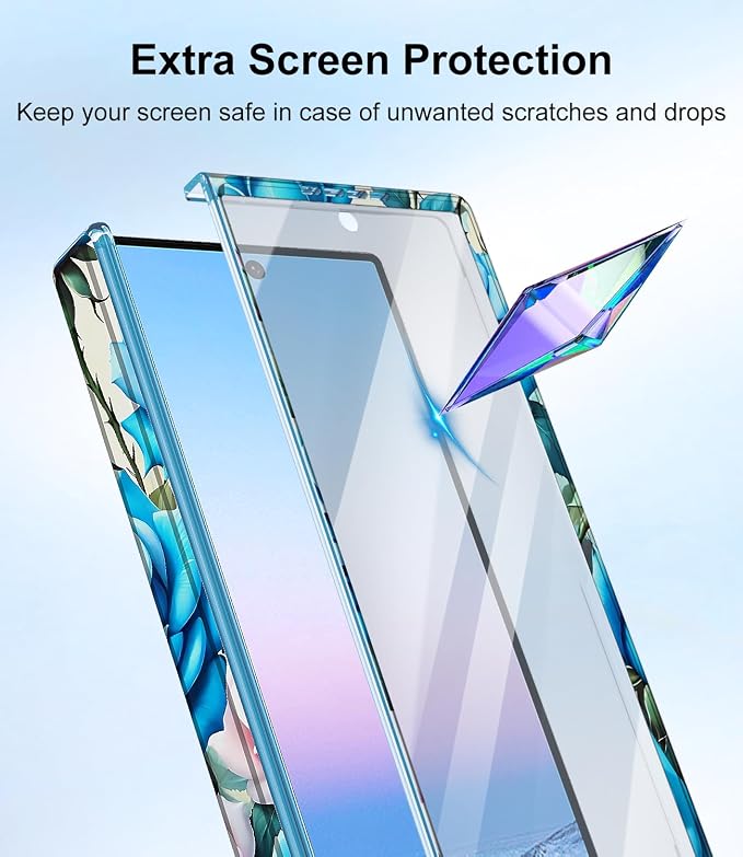 Btscase for Samsung Galaxy Z Fold 6 Case,Built in Front Screen Protector,Gold Glitter Marble Pattern Hard PC Slim Shockproof Full Body Drop Protective Case for Galaxy Z Fold 6 5G, Blue Rose