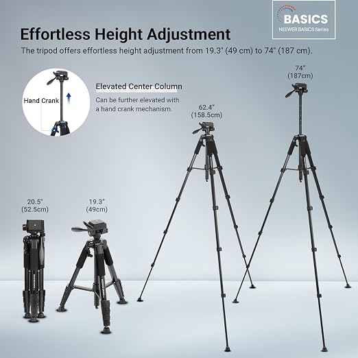 NEEWER Basics Camera Tripod, 74" Tripod with Cell Phone Holder Mount Compatible with iPhone for Video Recording, Professional Aluminum Lightweight Portable Travel Stand with 3 Way Pan Tilt Head, TP56